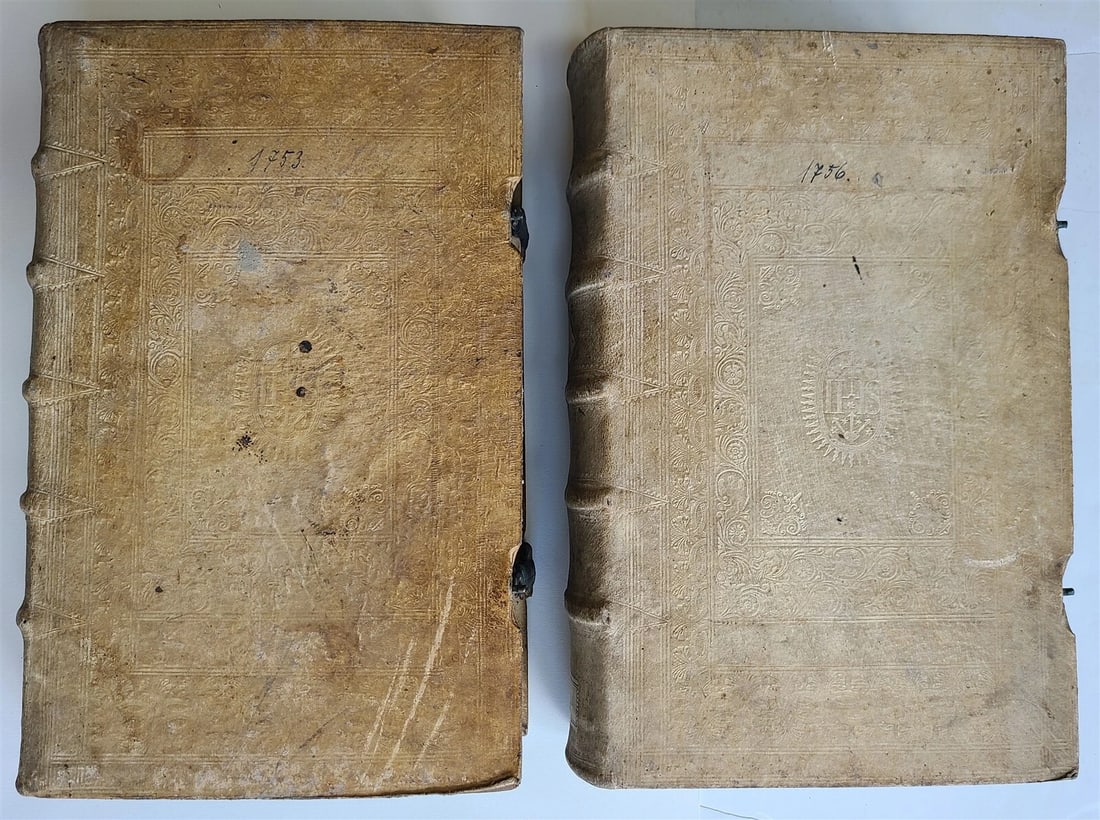 1753 - 1756 2 VOLUMES PIGSKIN BOUND FOLIOS w/ CLASPS antique SERMONS by SEEAUER - 3