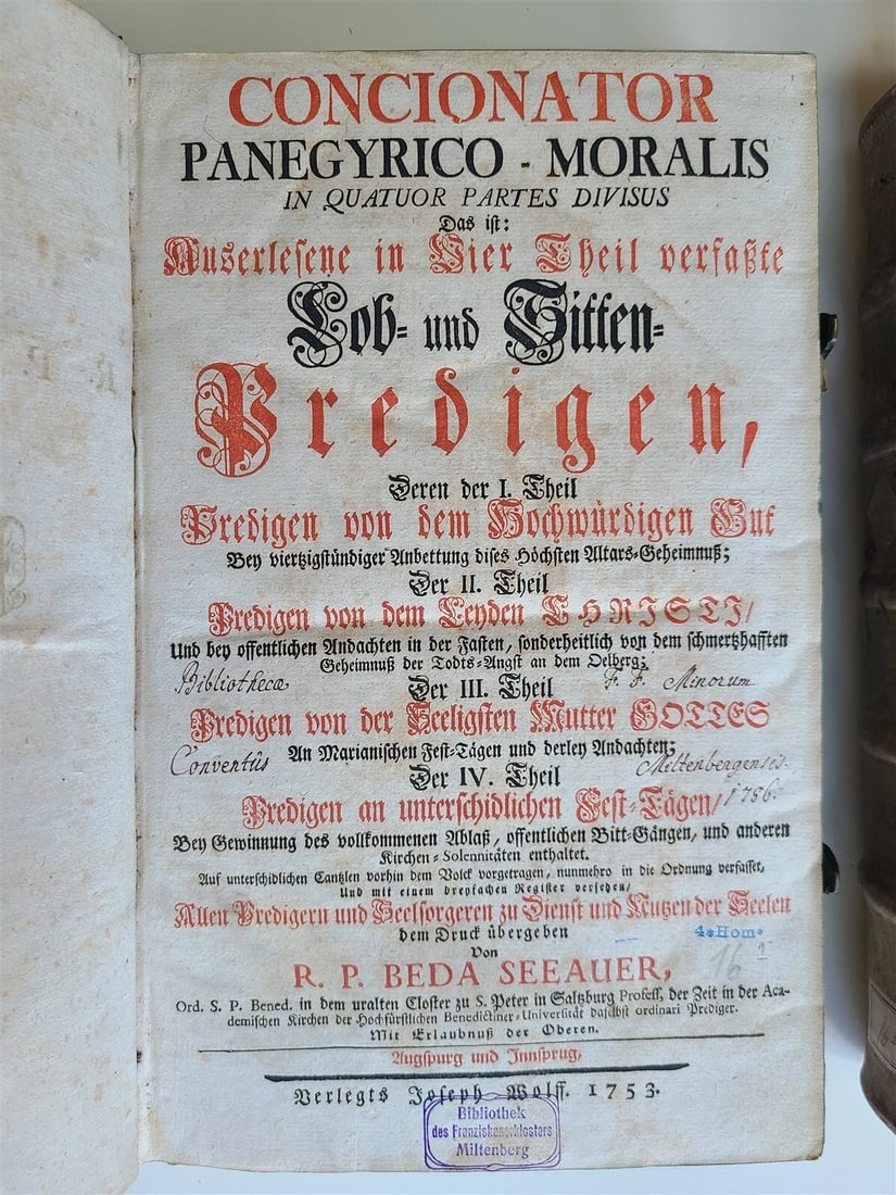 1753 - 1756 2 VOLUMES PIGSKIN BOUND FOLIOS w/ CLASPS antique SERMONS by SEEAUER - 4