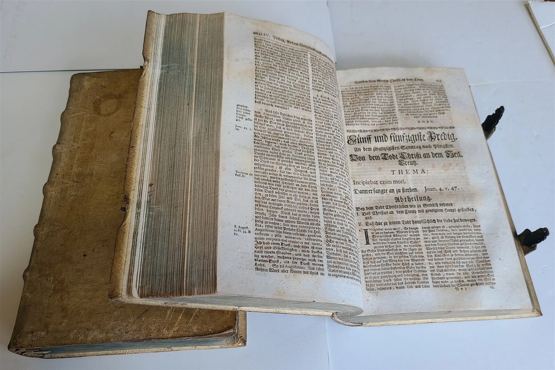1753 - 1756 2 VOLUMES PIGSKIN BOUND FOLIOS w/ CLASPS antique SERMONS by SEEAUER - 7