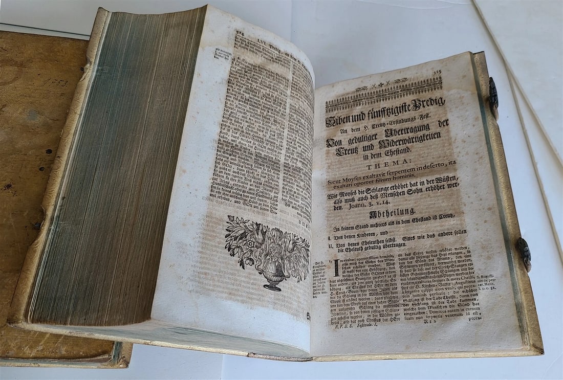 1753 - 1756 2 VOLUMES PIGSKIN BOUND FOLIOS w/ CLASPS antique SERMONS by SEEAUER - 9