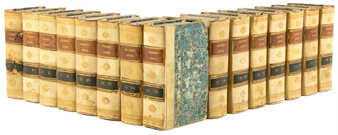 1827-31 15 volumes ITALIAN THEATRE PLAYS antique decorative VELLUM SPINES: Raccolta Completa delle Commedie by Goldoni, Carlo Presso la Societa Editrice, Florence; 1827-31 30 volumes in 15 books. With steel-engraved portrait of Carlo Goldoni and engraved extra title-page in