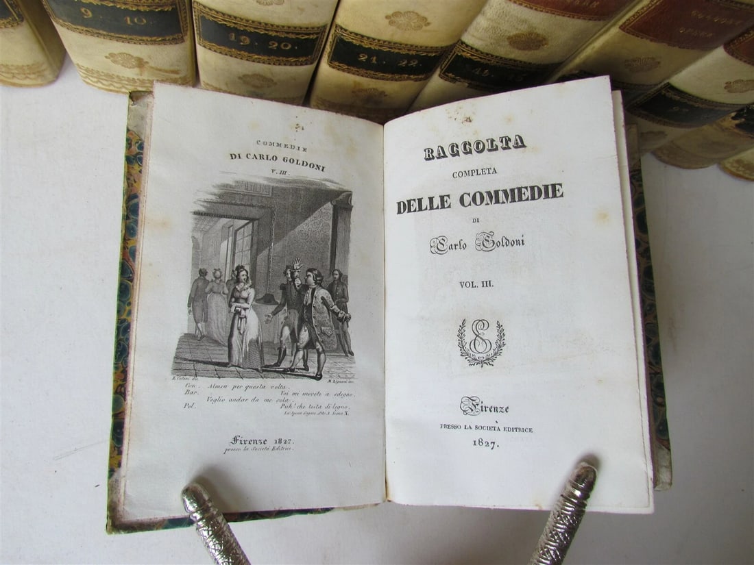 1827-31 15 volumes ITALIAN THEATRE PLAYS antique decorative VELLUM SPINES - 4
