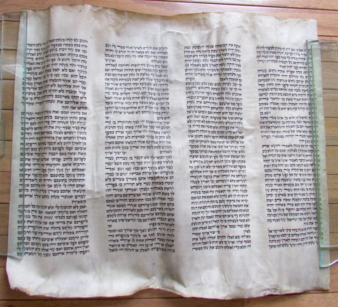 TORAH SCROLL FRAGMENT MANUSCRIPT VELLUM ANTIQUE BIBLE Leviticus 24:2-26:18: Size 21.5 x 24" Leviticus 24:2-26:18 includes instructions on how to treat the poor, the punishment for taking a life, and the punishment for injuring someone: Helping the poor If a fellow Israelite