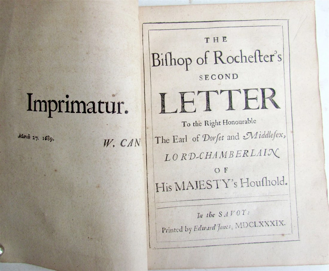 1689 BISHOP of ROCHESTER's SECOND LETTER TO LORD CHAMBERLAIN antique in ENGLISH: SERMON PREACHED before LORDS ASSEMBLED in PARLIAMENT In the Savoy; 1689 Size 6 by 8" 64 pages, unbound Text in English Good condition Reserve: $99.00 Shipping: Domestic: Flat-rate of $25.00 to