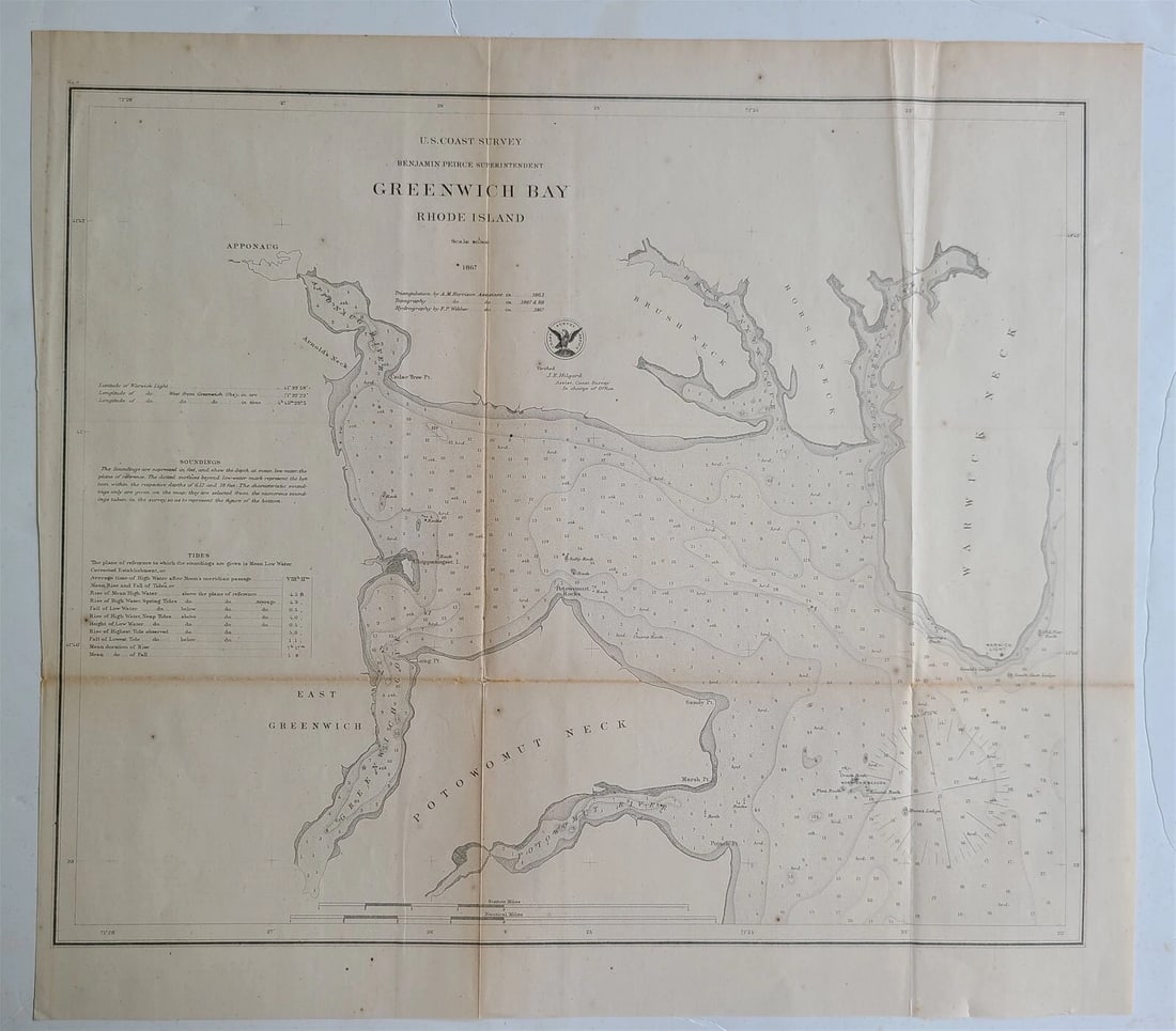 1867 CHART OF GREENWICH BAY RHODE ISLAND antique: Washington: US Coast Survey Office; 1867 Overall size 17 by 19" Some wear, folds Reserve: $65.00 Shipping: Domestic: Flat-rate of $25.00 to anywhere within the contiguous U.S. International: Foreign