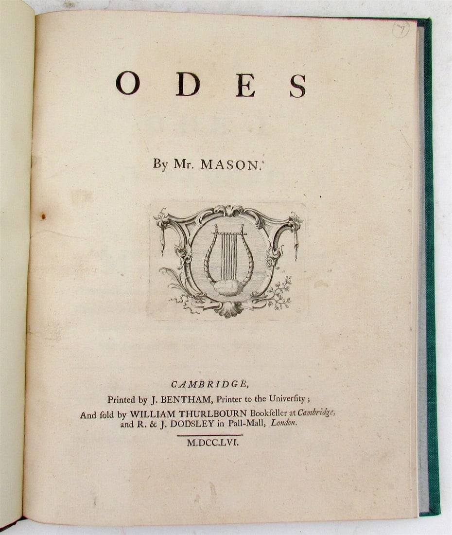 1756 BRITISH POETRY ODES by Mr. MASON antique English: ODES by Mr. MASON Cambridge; 1756 Size 8 1/4 by 10" 19th century cloth binding 31 pages Text in English Very good condition Reserve: $46.00 Shipping: Domestic: Flat-rate of $25.00 to anywhere within