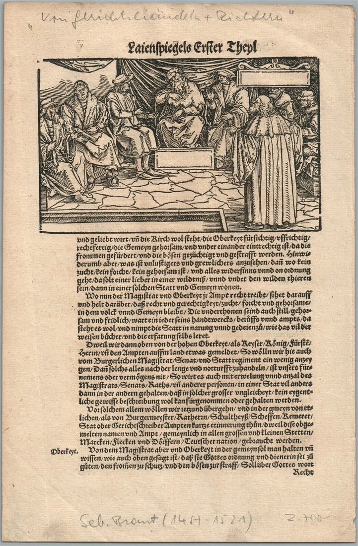 1550 ENGRAVING antique from Justinus Gobler Der Rechten Spiegel Law BOOK scarce: WOODCUT ENGRAVING From: Der Rechten Spiegel, Auß den beschribenen Geystlichem, Weltlichen by Justin Gobler Size about 7.5 by 11.5" Text in German Justinus Gobler: German lawyer and author of lega