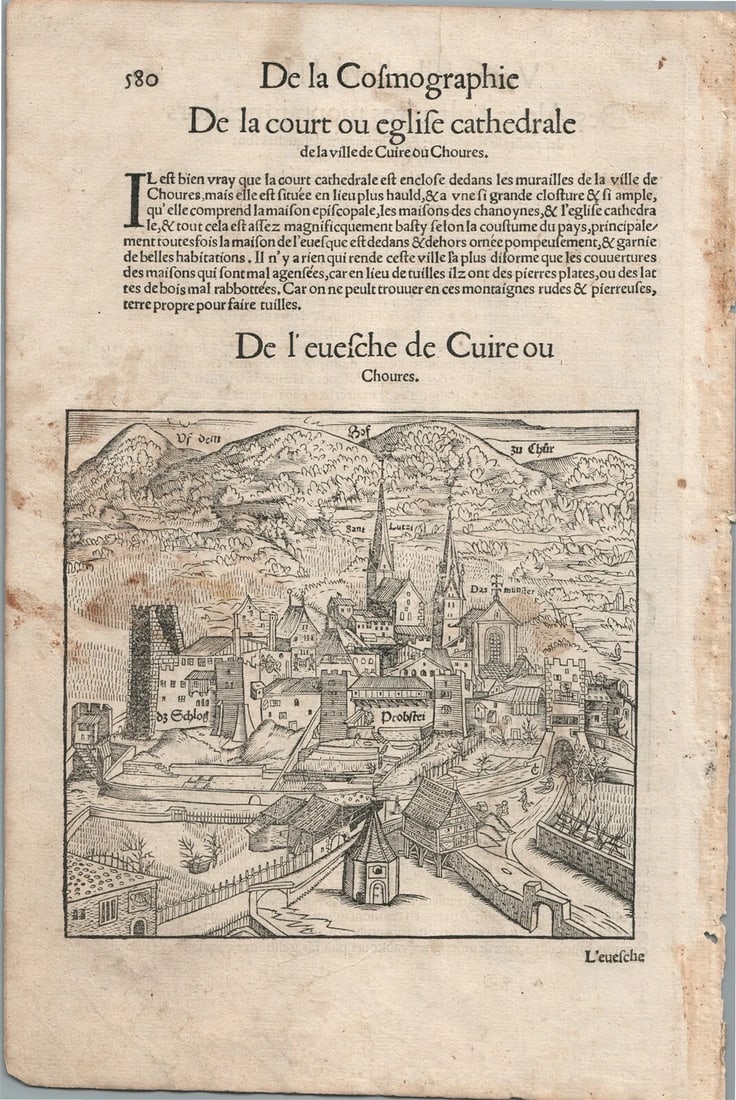 1575 CHUR SWITZERLAND VIEW LEAF from BELLEFOREST EDITION of MUNSTER COSMOGRAPHY: Francois de Belleforest (1530 – 1583) De Cuire ou Choures la principale ville des Rhetiens ou Grifons Rare view of Chur, Switzerland from 1575 Belleforest revised French edition of
