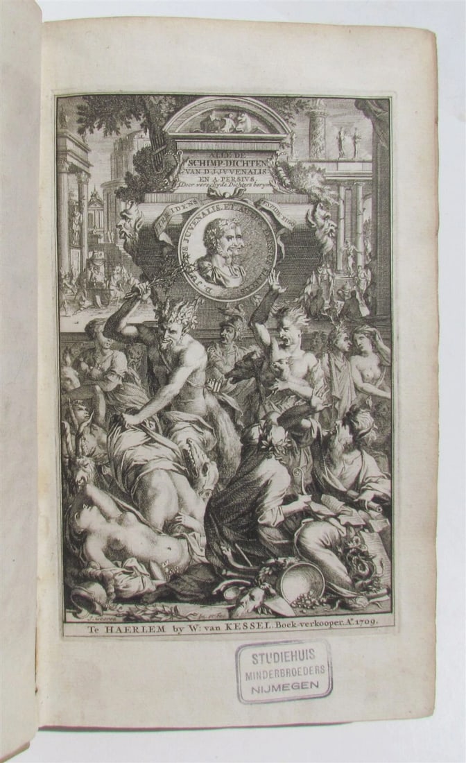 1709 ROMAN POETRY SATYRAE Juvenal & Persius Flaccus VELLUM antique in DUTCH: Juvenalis, D.I. and Persius Flaccus A. Alle de schimpdichten, door verscheide dichteren in Nederduitse vaarzen overgebracht Haarlem, W. van Kessel, 1709 2 parts in 1 volume (38),330; (20),66p.