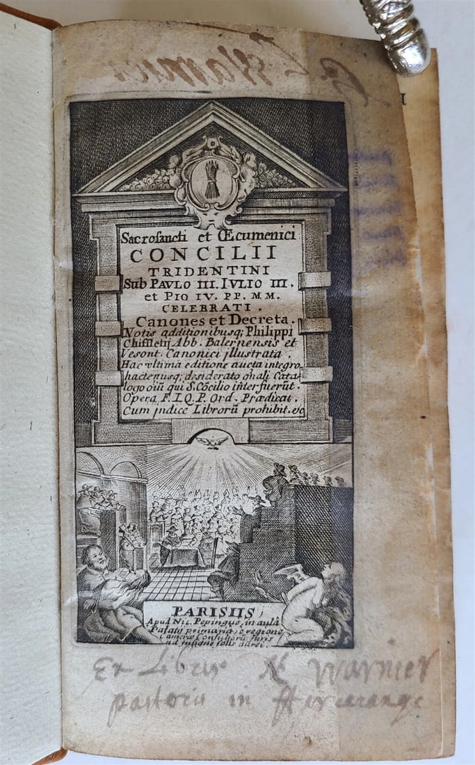 1666 SANCROSANCTI et OECUMENICI CONCILII TRIDENTINI CANONES et DECRETA antique: SANCROSANCTI et OECUMENICI CONCILII TRIDENTINI CANONES et DECRETA Paris; 1666 Modern leather binding Size 3.5 by 6" 419 pp plus extensive Index Repaired outer margin of first two leaves, otherwise