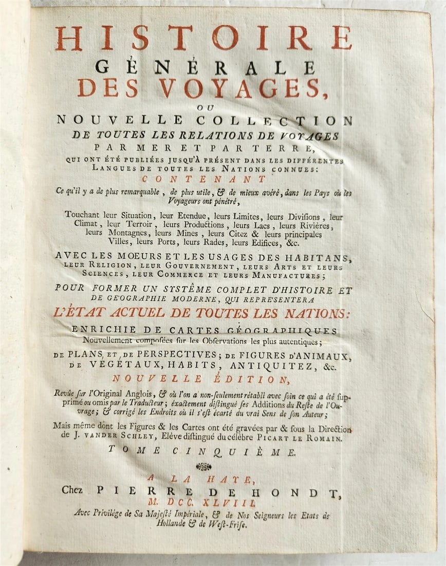 1748 TRAVELS TO AFRICA antique ILLUSTRATED Histoire generale des voyages vol. 5: Histoire generale des voyages... Nouvelle ed. by A.E. Prevost A la Haye (The Hague): Pieter de Hondt ; 1748 Tome V Illustrated with engraved plates and folding maps Dedicated to travels to Africa