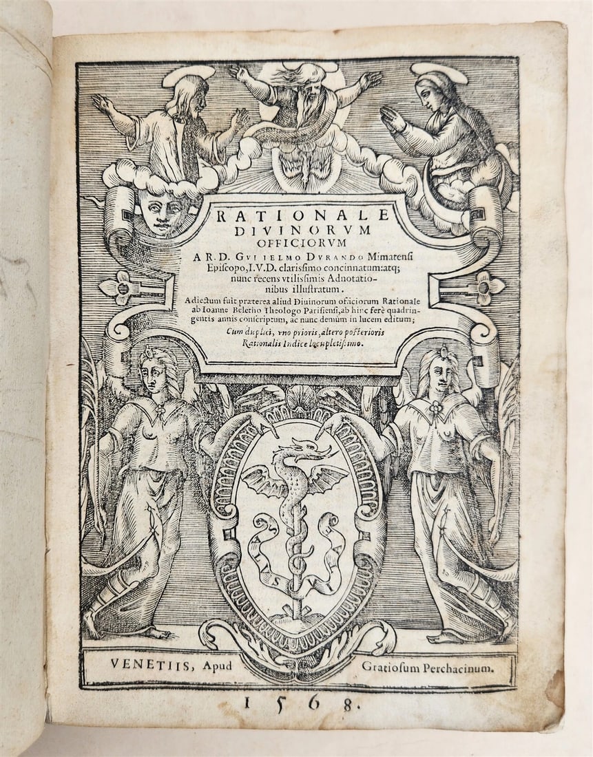 1568 RATIONALE DIVINORUM by Guilelmus Durantus antique VELLUM in LATIN 16th CENT: Rationale Divinorum by Guilelmus Durantus Venice; 1568 Original limp vellum , manuscript title at the spine Good condition, front hinge broken 375 leaves, complete. A fine example of the Rationale Div