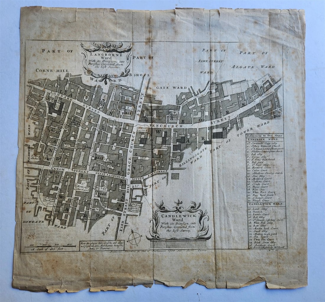 1754 MAP of LONDON antique LANGBORNE & CANDLEWICK WARD: LANGBORNE & CANDLEWICK WARD [London; c.1754] Copper engraving Size (including margins): 15.5 by 16 inches Reserve: $93.00 Shipping: Domestic: Flat-rate of $25.00 to anywhere within the contiguous