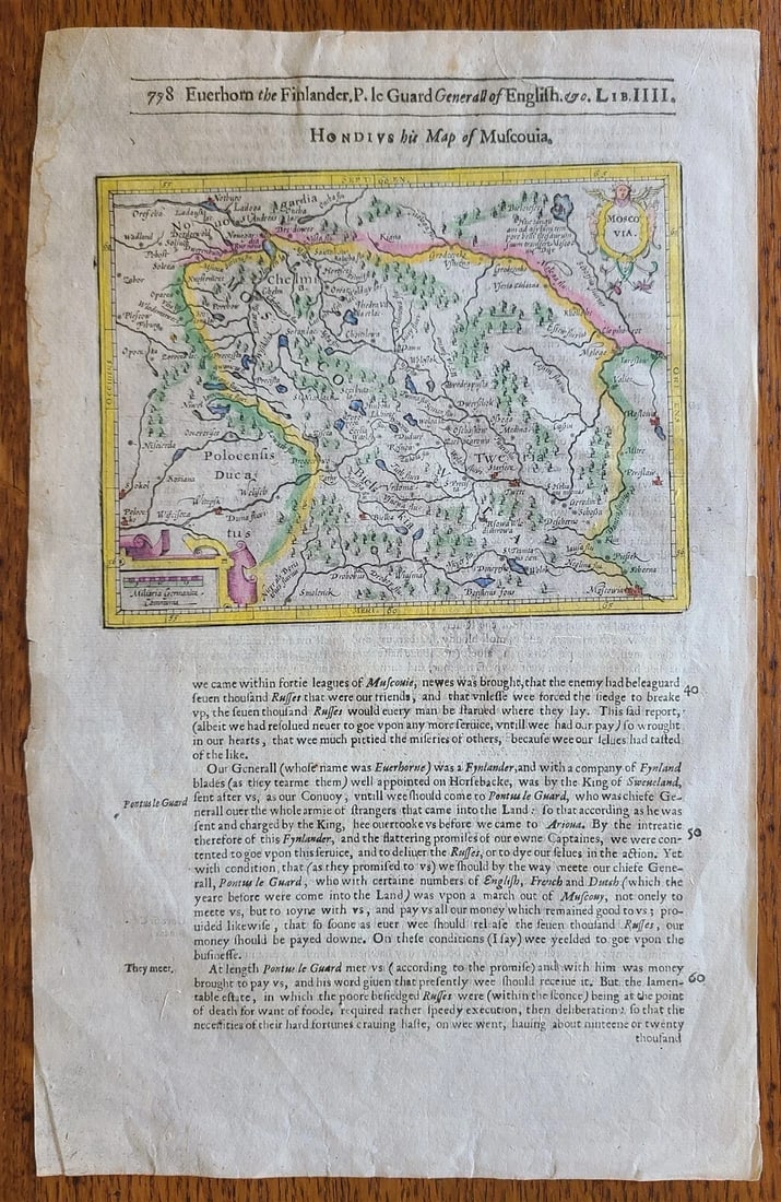 1607 MAP OF MOSCOVIA RUSSIA ANTIQUE from Mercator-Hondius Atlas HAND COLORED: MAP OF MOSCOVIA By Hondius Printed by Mercator, c. 1607 size of the leaf 8 1/4 by 13" (map 5 by 6.5") Henricus Hondius (1597-1651) was a Dutch engraver and mapmaker, a member of a prominent