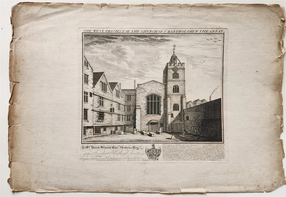 1730s ENGRAVING antique West Prospect of the Church of St Bartholomew the Great: The West Prospect of the Church of St Bartholomew the Great From Perspective Views of all the Ancient Churches, and other Buildings, in the Cities of London and Westminster. Engraved by William Henry