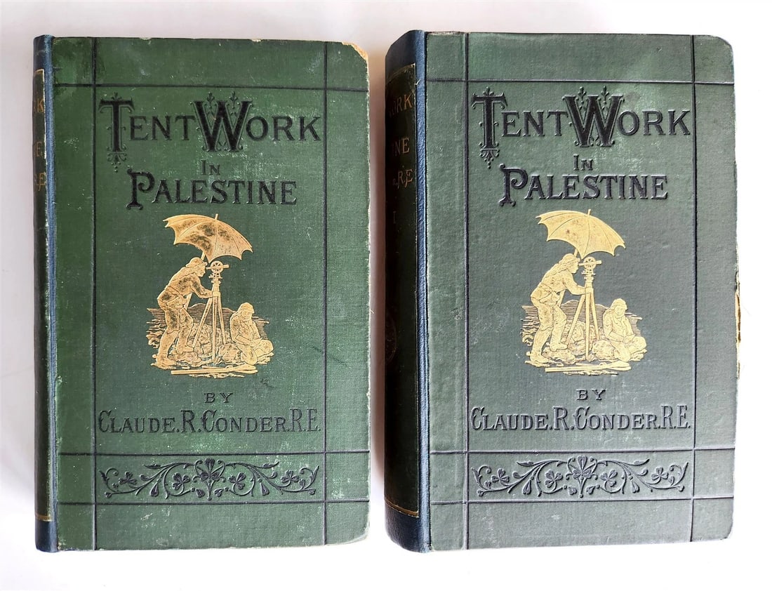 1879 TENT WORK in PALESTINE DISCOVERY & ADVENTURE antique 2 VOLUMES ILLUSTRATED: TENT WORK in PALESTINE a record of discovery and adventure by Claude R. Conder R.E. London; 1879 2 volumes Illustrated by J. W. Whymper Original cloth decorated in gilt Rebacked, worn bindings, very