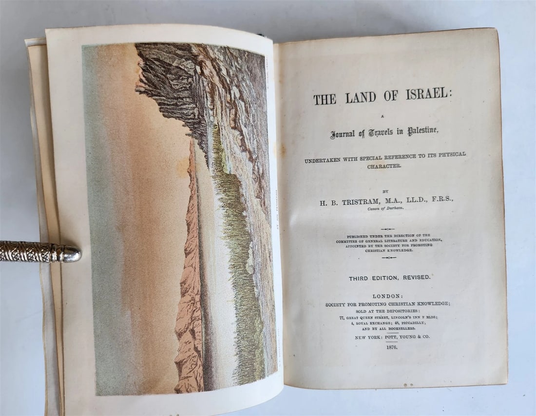 1876 THE LAND OF ISRAEL JOURNAL OF TRAVELS in PALESTINE ILLUSTRATED antique: THE LAND OF ISRAEL JOURNAL OF TRAVELS in PALESTINE by Henry Baker Tristram London; 1876 Size 5 by 7.5 inches Modern leather, spine with raised bands decorated in gilt, marbled endpapers, gilt edges