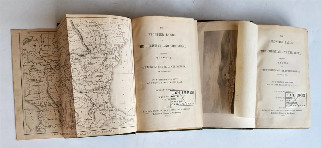 1853 FRONTIER LANDS of CHRISTIAN & TURK antique 2 VOLUMES w/ MAP by J.Skene: [Skene, James Henry]. The Frontier Lands of the Christian and the Turk; comprising Travels in the Regions of the Lower Danube... By a British Resident of Twenty Years in the East. London; 1853 Lithogr