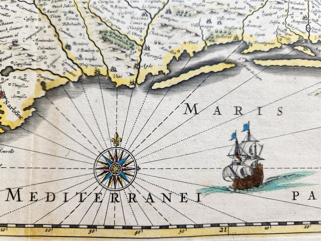 1640 MAP of FRANCE LANGUEDOC by WILLEM BLAEU antique AUTHENTIC hand colored - 3