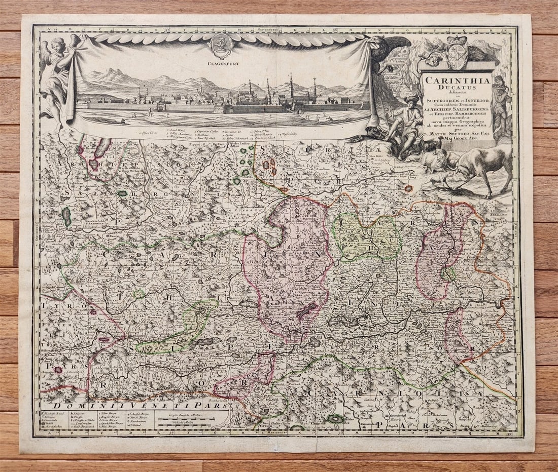 1750 AUSTRIA antique MAP CARINTHIA DUCATUS w/ town of Klagenfurt: CARINTHIA DUCATUS Map of Karnten / Carinthia in Austria with large pictorial cartouche and prospect of the town of Klagenfurt above. [Augsburg: Seutter, Matthaeus; c.1750] Size 20 3/4 by 24 1/4