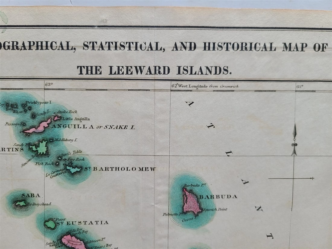 1822 MAP of LEEWARD ISLANDS GEOGRAPHICAL STATISTICAL HISTORICAL antique 17.5x22" - 2