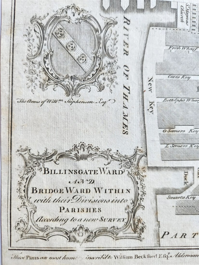 1754 MAP of LONDON antique BILLINGSGATE WARD and BRIDGE WARD WITHIN PARISHES - 4