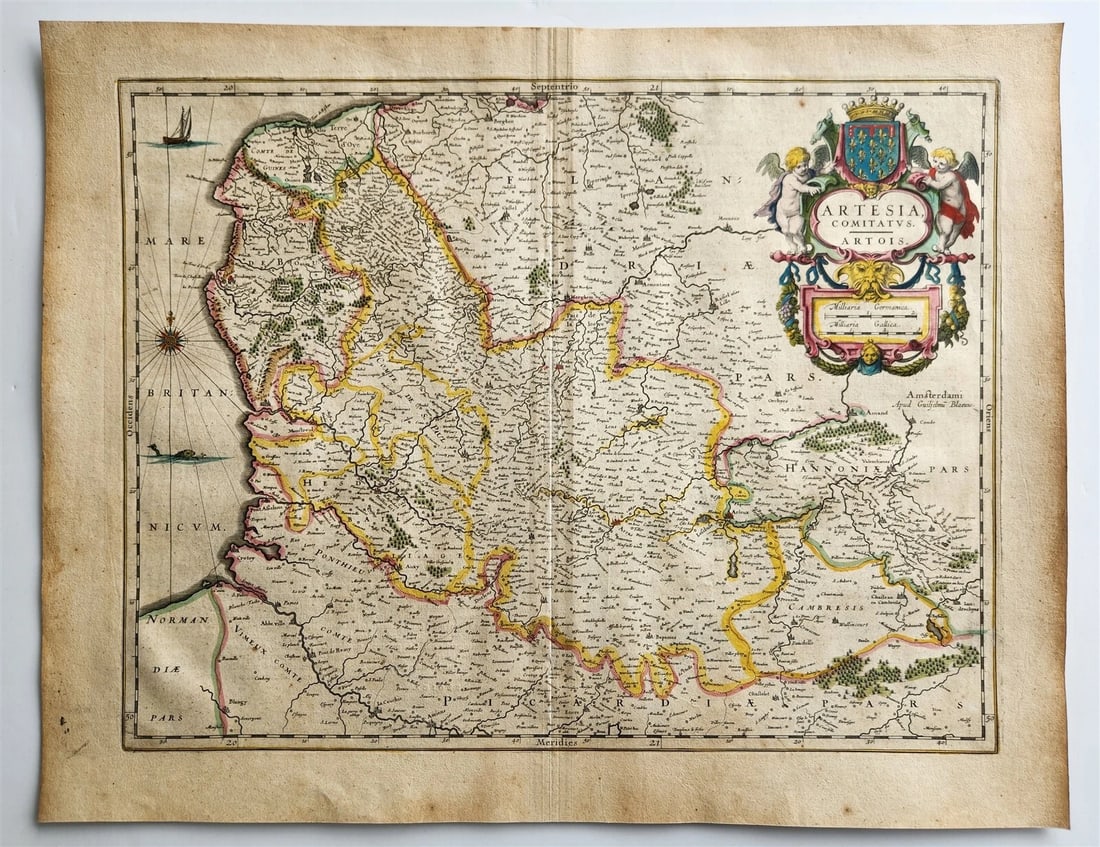1640 MAP of FRANCE ARTESIA ARTOIS by WILLEM BLAEU antique AUTHENTIC hand colored: MAP ARTESIA COMITATUS (Northern France) Amsterdam: Willem Blaeu; 1640. (from : Theatrum orbis terrarum, sive Atlas novus) "Artesia Comitatus" translates to "Artesia County" or "County of Artois" in