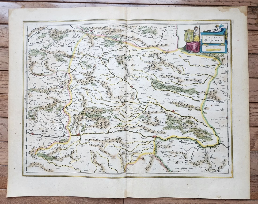 1640 MAP of STYRIA AUSTRIA by WILLEM BLAEU antique AUTHENTIC hand colored (1 of 3)