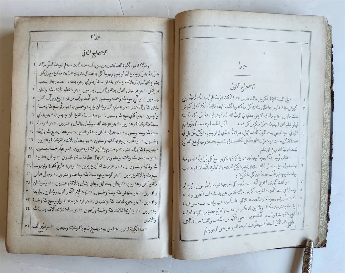 1890s BIBLE in ARABIC LANGUAGE antique OLD TESTAMENT: BIBLE in Arabic The OLD Testament No edition information Size 7 by 9.5 inches Original embossed limp binding, worn, chipped (with damage to the lower end of the spine and upper right corner of the