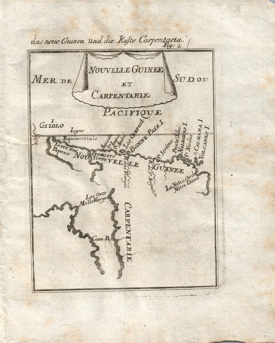 1719 MAP OF NEW GUINEA plate 2 from Beschreibung Des gantzen Welt-Kreises: Plate 2 "MAP OF NEW GUINEA " - engraving from German edition of "Description of entire world" Beschreibung Des gantzen Welt-Kreises by Alain Manesson Mallet Frankfurt; 1719 Size 6.5 by 8 inches