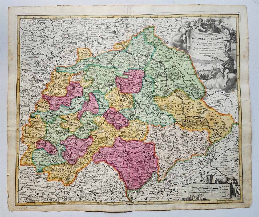 1730s GERMANY antique MAP CIRCULUS SAXONIAE SUPERIORI by JOHANN HOMANN: Johann Baptista Homann Germany, ca. 1664–1724 GERMANY CIRCULUS SAXONIAE SUPERIORI Hand-colored etching on paper, undated (Nuremberg; c. 1730) Size 20.5 by 24 inches Good condition, some closed m