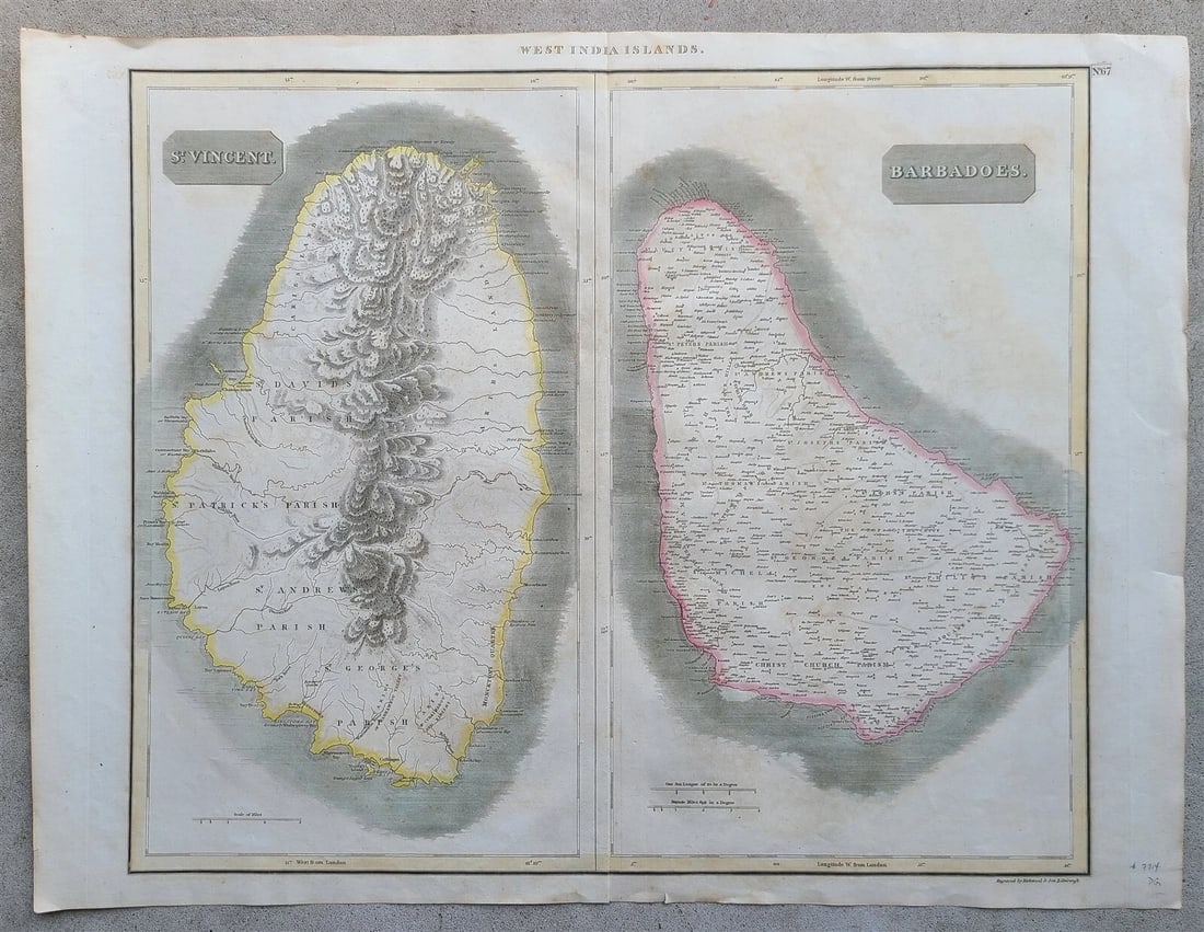 1814 MAP of WEST INDIA ISLANDS Carribean ST. VINCENT & BARBADOS antique 21 x 28": West India Islands. St. Vincent. - Barbadoes. engraved in 1814 in Edinburgh by Kirkwood and Sons for Thomson's New General Atlas. Size 21 x 28 in (including margins) This is John Thomson's 1814 map of