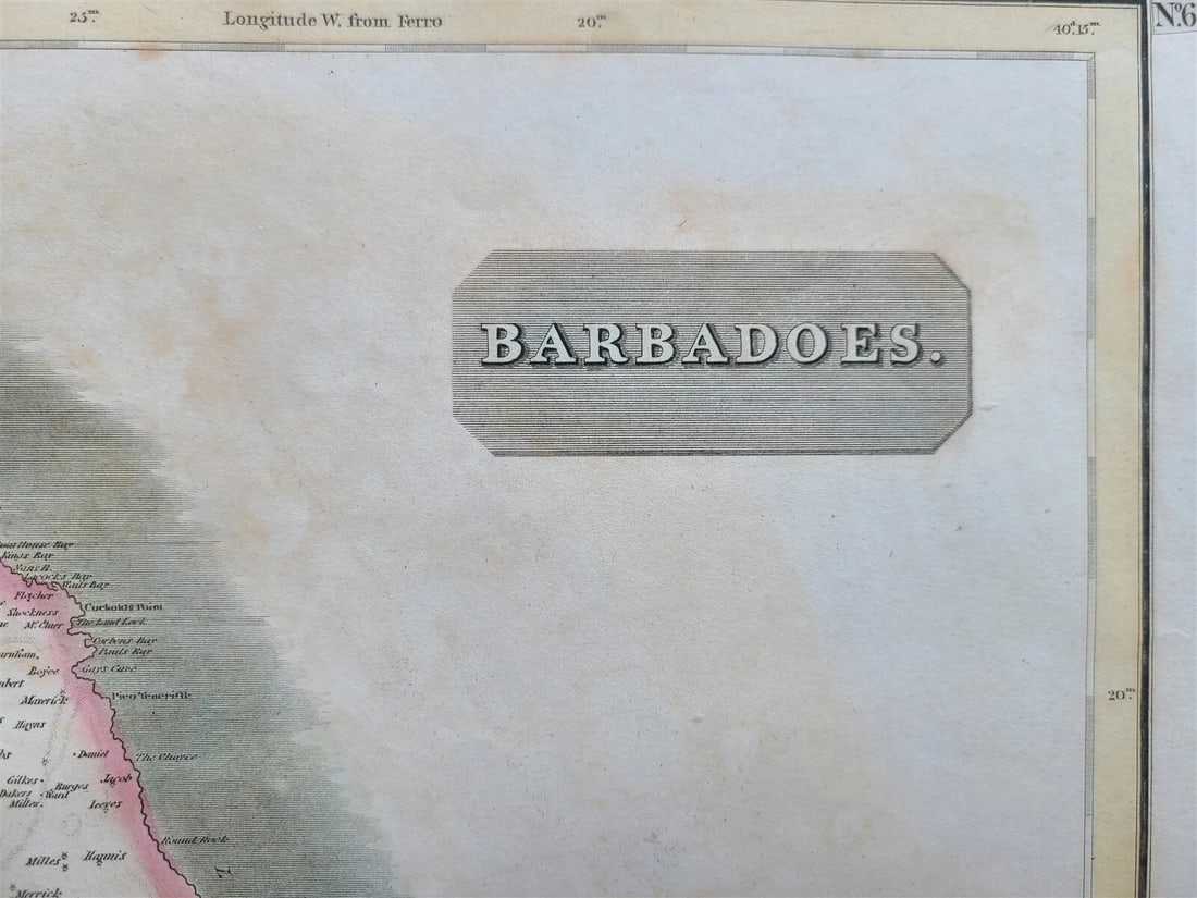 1814 MAP of WEST INDIA ISLANDS Carribean ST. VINCENT & BARBADOS antique 21 x 28" - 2