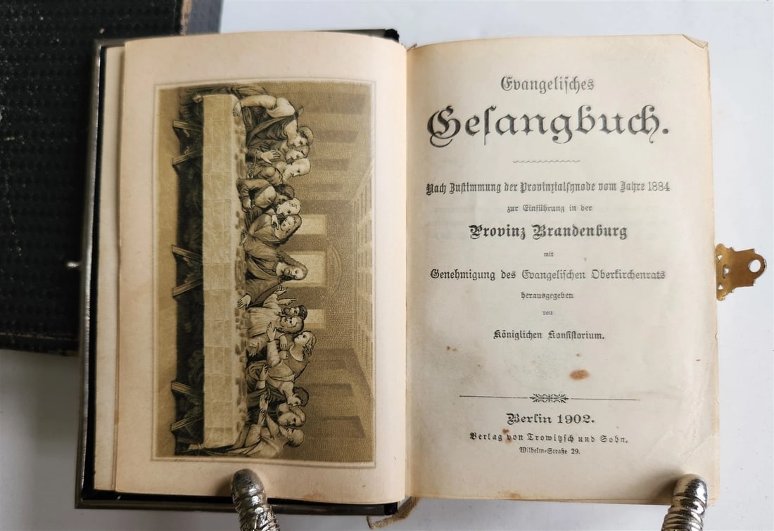 1902 HYMNAL in GERMAN antique DECORATIVE VELVET BINDING w/ METAL EDGES - 6