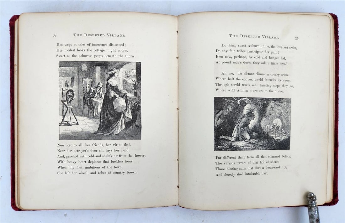 1880s DESERTED VILLAGE Goldsmith VELVET BINDING METAL TITLE antique ILLUSTRATED - 5