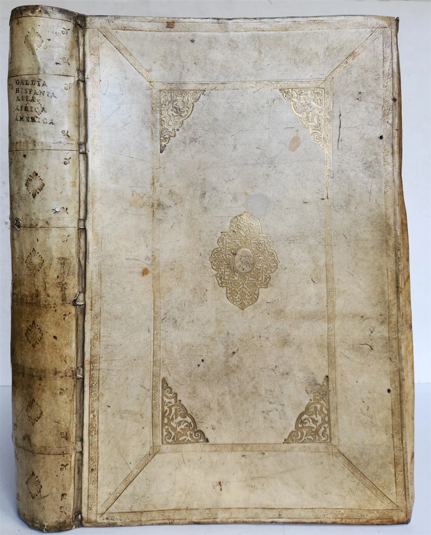 1640 THEATRUM ORBIS TERRARUM SIVE ATLAS by JOAN BLAEU antique VELLUM BINDING: THEATRUM ORBIS TERRARUM SIVE ATLAS NOVUS by JOHANNES BLAEU Amsterdam; 1640 ALL MAPS ARE MISSING, SOLD AS A BINDING ONLY WIth some leaves left with descriptions of Gallia, Belsia, Normannia, Burgindia,