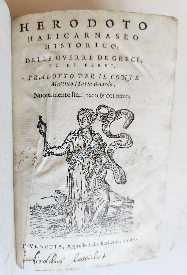 1565 HERODOT HISTORY GREECE & PERSIA WAR antique DELLE GUERRE DE GRECI et PERSI: HERODOTO HALICARNASEO HISTORICO, DELLE GUERRE DE GRECI, et DE PERSI tradotto per il conte Mattheo Maria Boiardo Nuouamente stampato & corretto. In Venetia : appresso Lelio Bariletto, 1565 (In Venetia