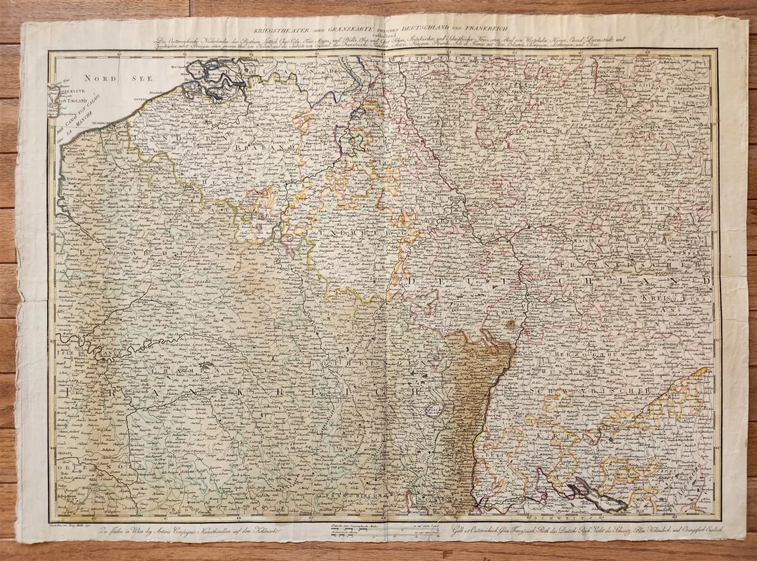 1793 FRENCH GERMAN WAR MILITARY MAP antique: Kriegstheater oder Graenzkarte zwischen Deutschland und Frankreich (Theater of War or Border Map between Germany and France) Franz Muller; 1793 Hand-colored copper engraving on paper Size 21.5 by 30