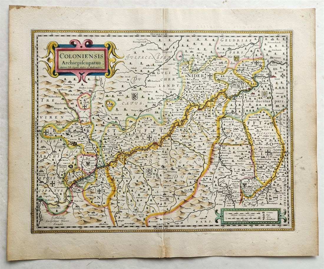 1640 MAP of GERMANY COLOGNE by WILLEM BLAEU antique AUTHENTIC hand colored: MAP COLONIENSIS ARCHIEPISCOPATUS Amsterdam: Willem Blaeu; 1640. (from : Theatrum orbis terrarum, sive Atlas novus) Map of Germany: Cologne Hand colored Size of the plate 14 1/2 by 19 inches Overall 18