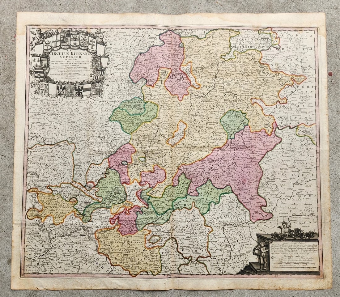 1720s GERMANY antique MAP Frankfurt Cassel Hirschfeld Fulda Darmstadt Nassaw: S.R.I. CIRCULUS RHENANUS SUPERIOR in quo sunt Landgraviatus Hasson Casselensis, Darmstadiensis et Rhenofeldensis Abbatia Fuldensis Map of Germany, centered on Landgraviatis and including a