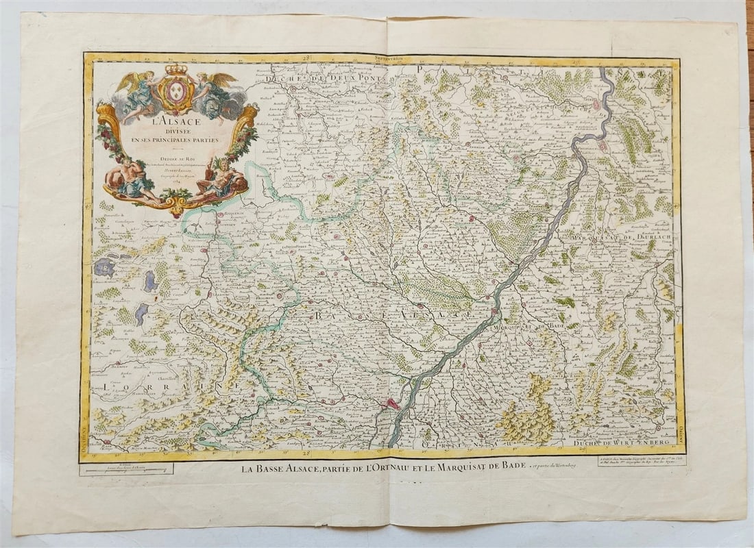 1707 ALSACE FRANCE antique MAP L'Alsace divisée en ses principales parties: L'Alsace divisee en ses principales parties Jaillot (Hubert); c. 1707 Map of ALSACE, France Size (plate) 17 by 25 inches Size (sheet) 21 1/2 by 30 3/4 inches Wide margins, hand colored Very good