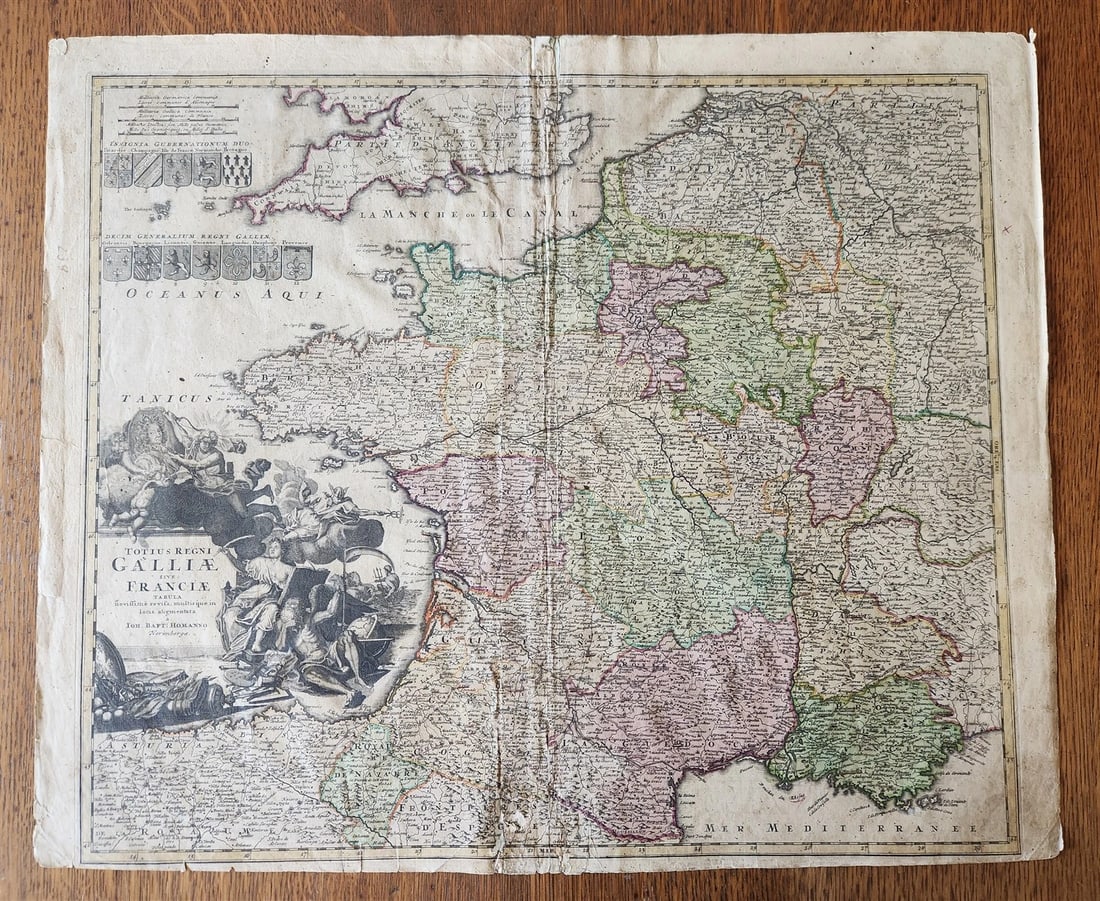 1720 FRANCE antique MAP Totius Regni Galliae sive Franciae Tabula JOHANN HOMANN: Johann Baptista Homann Germany, ca. 1664–1724 A Map of France Totius Regni Galliae sive Franciae Tabula . . . Hand-colored etching on paper, undated (Nuremberg, 1720) Size 20.5 by 24.5 inches