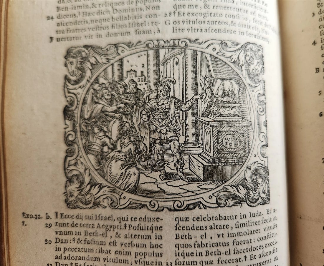 1571 BIBLE in LATIN ILLUSTRATED w/ 135 WOODCUTS antique PIGSKIN w/ METAL CORNERS - 16
