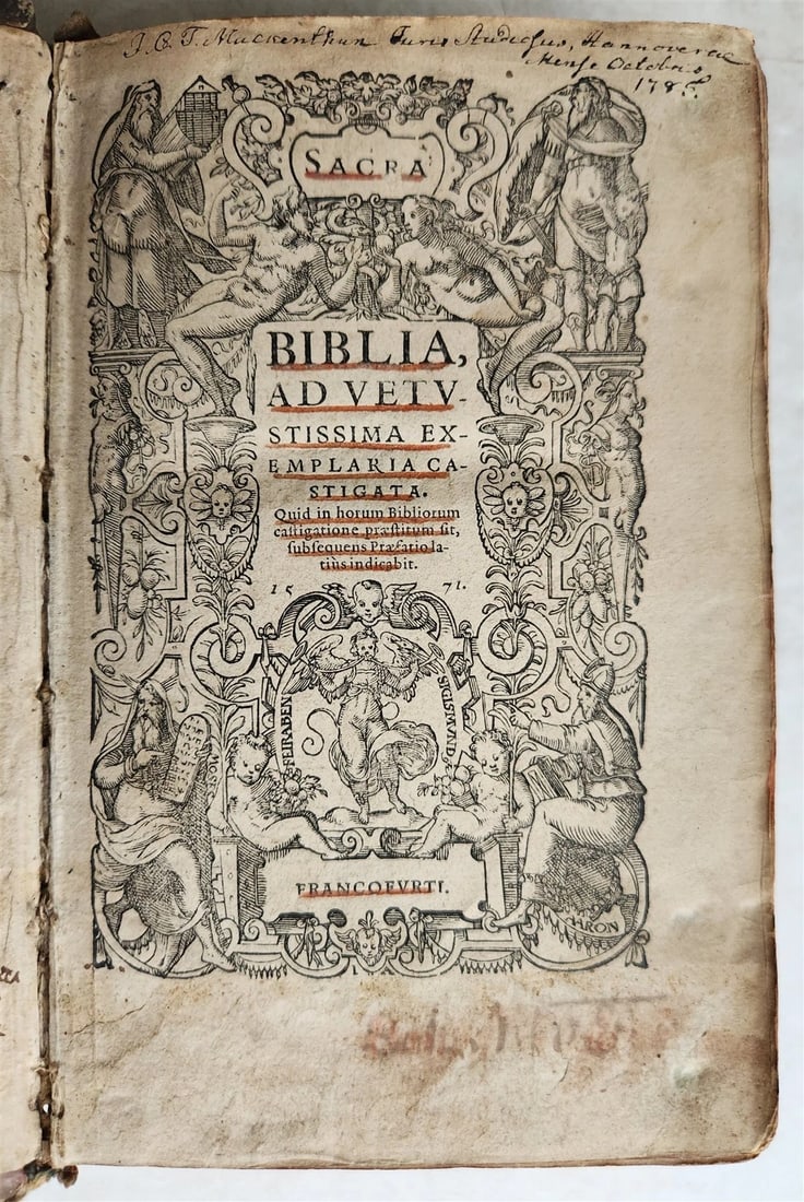1571 BIBLE in LATIN ILLUSTRATED w/ 135 WOODCUTS antique PIGSKIN w/ METAL CORNERS: Ad vetustissima exemplaria castigata. Quid in horum Bibliorum castigatione praestitum sit, subsequens praefatio latius indicabit. (Old Testament) Francofurti (Frankfurt); 1571 With 135 illustrations P