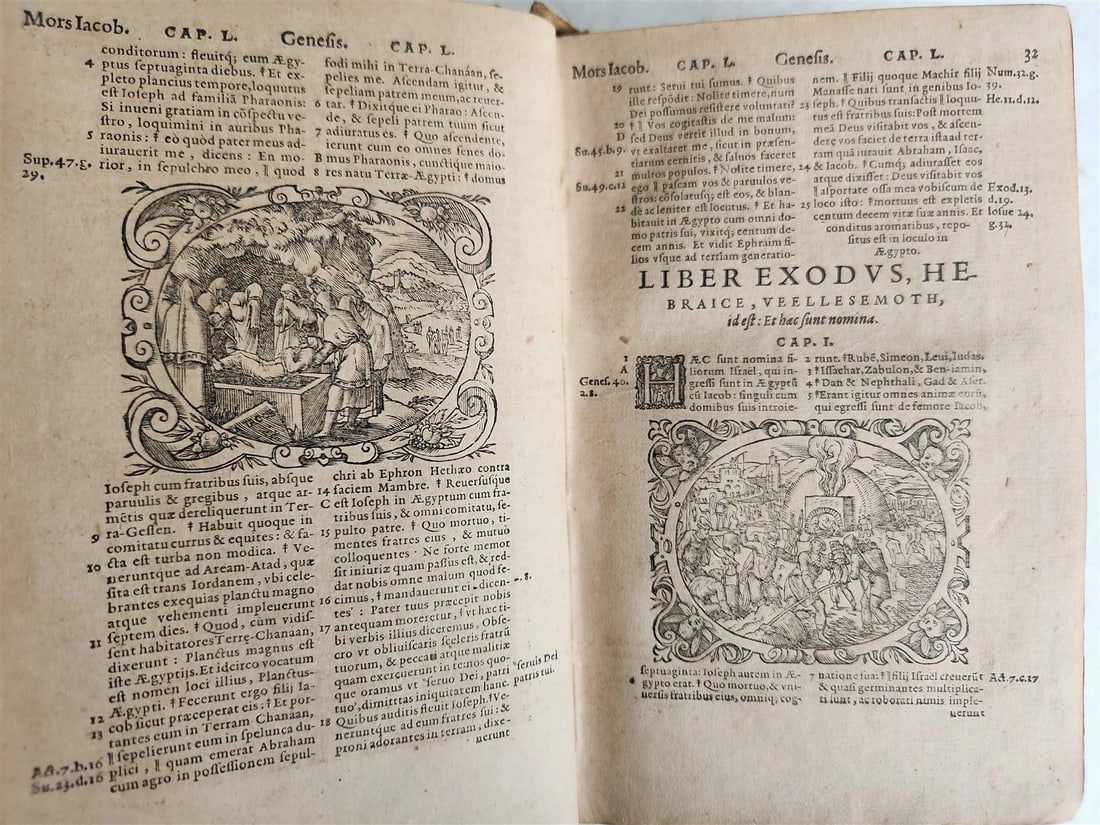 1571 BIBLE in LATIN ILLUSTRATED w/ 135 WOODCUTS antique PIGSKIN w/ METAL CORNERS - 8