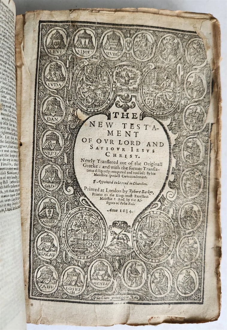 1631-34 BIBLE in ENGLISH ILLUSTRATED NEW TESTAMENT COMMON PRAYERS PSALMS antique: The Book of Common prayer. Robert Barker, 1631 PP: A-G4, Engraved title-page + one plate; Bound With: The New Testament. R. Barker, 1634. PP: 93 + Engraved TP & 49 Plates. Colophon dated 1631; Bound
