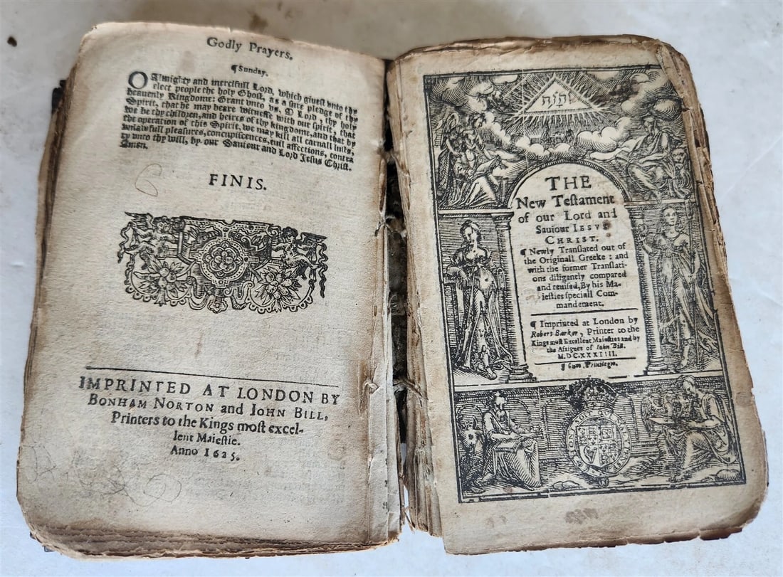 1634 BIBLE in ENGLISH antique New Testament LONDON BARKER & assigns of JOHN BILL: THE NEW TESTAMENT London: Robert Barker & assigns of John Bill; 1634 Original calf, worn, lacking clasps. Spine with raised bands. Missing piece at the bottom of the spine. Cover is almost detached