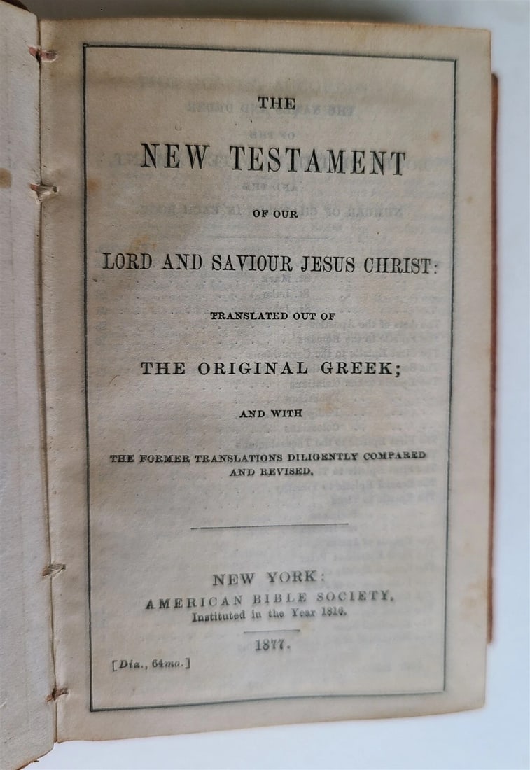 1877 BIBLE in ENGLISH WALLET TYPE Americana New York ANTIQUE NEW TESTAMENT: NEW TESTAMENT New York; 1877 Bound with Book of Psalms Leather bound, gilt edge Size 2 1/2 by 3 3/4" Very good interior, minor wear of binding text in English Reserve: $49.00 Shipping: Domestic: