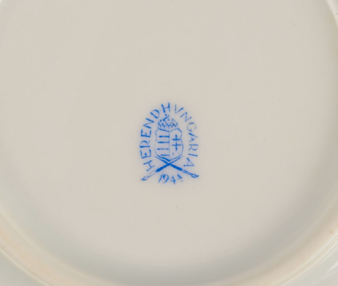 Herend, large round porcelain dish with floral motif. Dated 1944 - 6