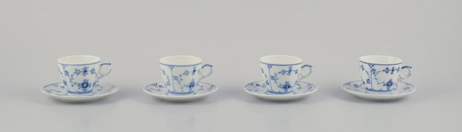 Royal Copenhagen Blue Fluted Plain. A set of four coffee cups with saucers. 1960s/1970s. (1 of 8)